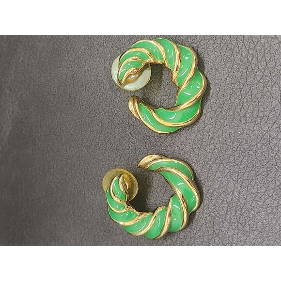 Green Textured‎ Gold Tone Twist Rope Hoop Pierced Earrings - Picture 1 of 6